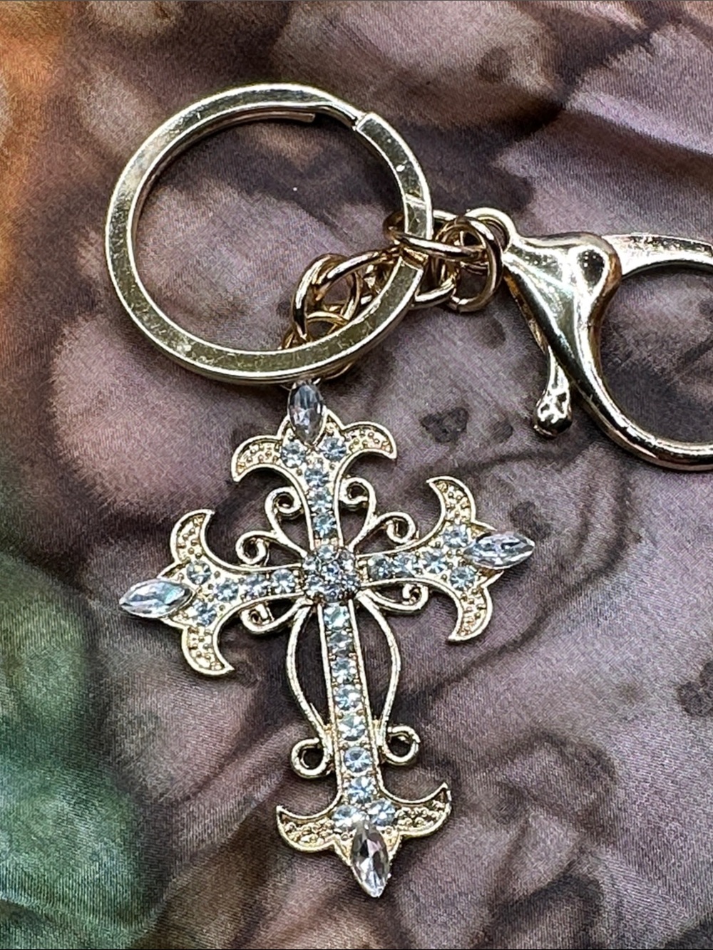 Gold Crystal Fleur-de-Lis Cross Keychain - Elegant Home Accent